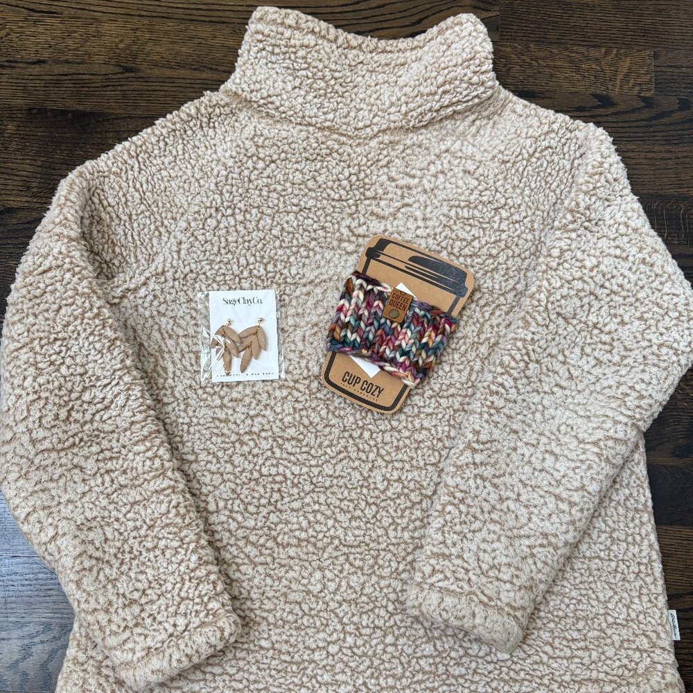 Cozy Bundle: Eddie Bauer Sweater, Cup Cozy and Clay Earrings